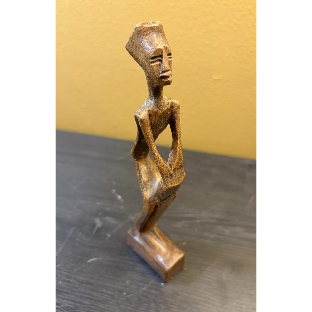 Vintage Hand Carved Wood South Indian Tribal Human Figure Drum Sculpture 6.5"